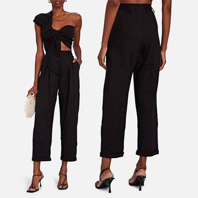 Nwt Just Bee Queen Linen Blend Kai Pleated Ankle Straight Leg Black Pant